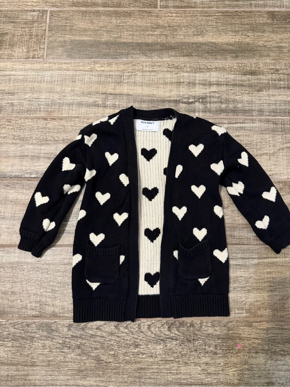 Old Navy Black Cardigan with White Heart Pattern